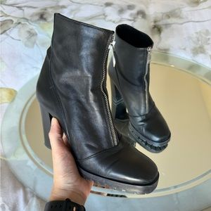 Zara Genuine Leather Square Toed Lug Sole Black Booties